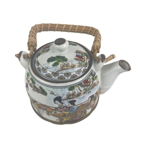 Vintage Hand-Painted Porcelain Teapot With Wicker Handle & Lid - Picture 4 of 8